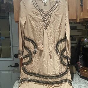 Tan Long Sleeve Dress with Beaded Accents